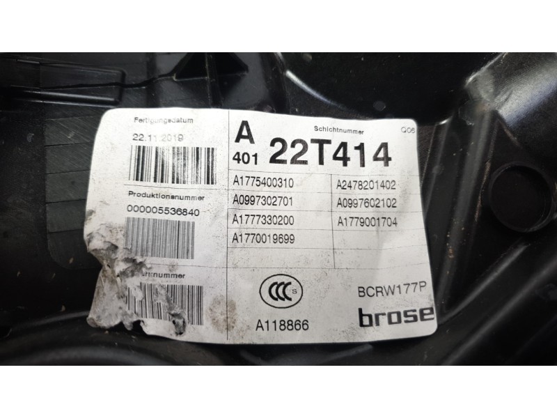 Recambio de elevalunas trasero izquierdo para mercedes-benz clase a (bm 177) a 200 (177.087) referencia OEM IAM 1777300402  