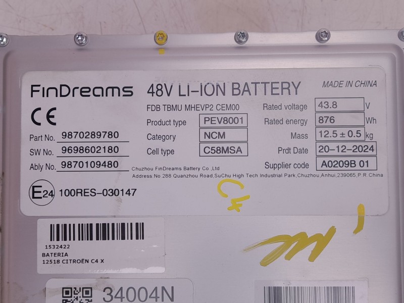 Recambio de bateria para citroën c4 x 1.2 hybrid 136 136 ch gasolina/eléctrico (2024) referencia OEM IAM   