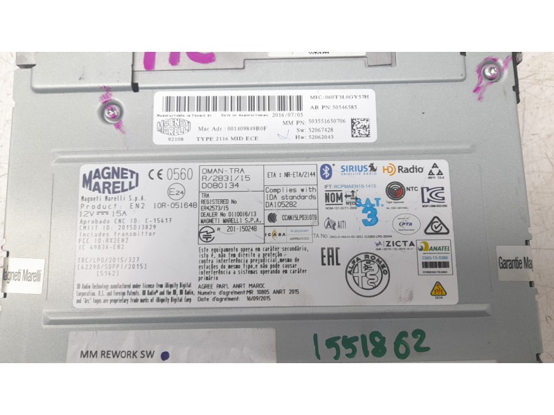 Recambio de sistema navegacion gps para alfa romeo giulia (952_) 2.2 d (952aem250, 952aea250) referencia OEM IAM 50546585 503551