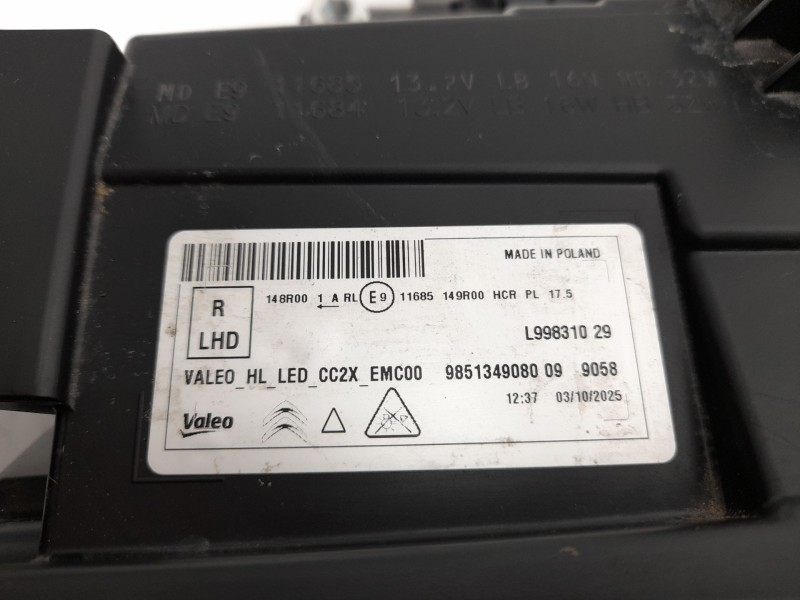 Recambio de faro derecho para citroën e-c3 aircross electrico 113cv max referencia OEM IAM  9851349080 