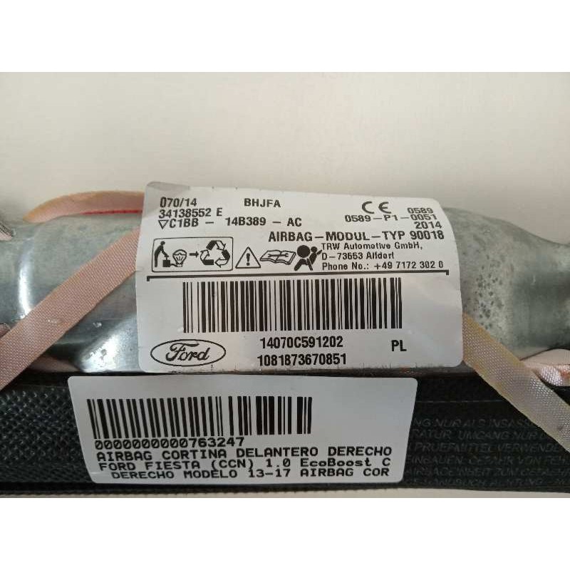 Recambio de airbag cortina delantero derecho para ford fiesta (ccn) 1.0 ecoboost cat referencia OEM IAM C1BB14B389AC  