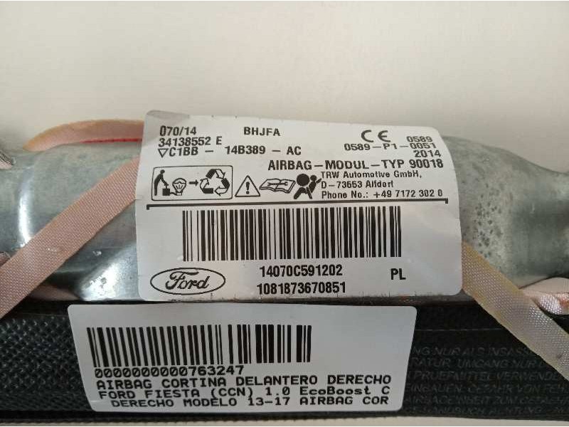 Recambio de airbag cortina delantero derecho para ford fiesta (ccn) 1.0 ecoboost cat referencia OEM IAM C1BB14B389AC  