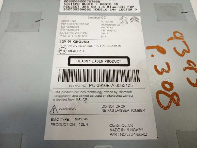 Recambio de sistema audio / radio cd para peugeot 308 referencia OEM IAM 980559368002  