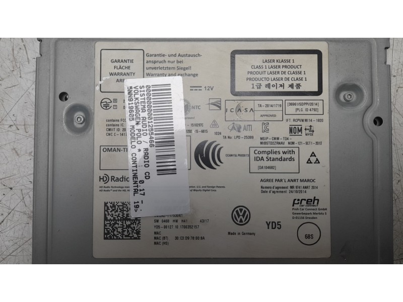 Recambio de sistema audio / radio cd para volkswagen polo referencia OEM IAM 5G6919605D  