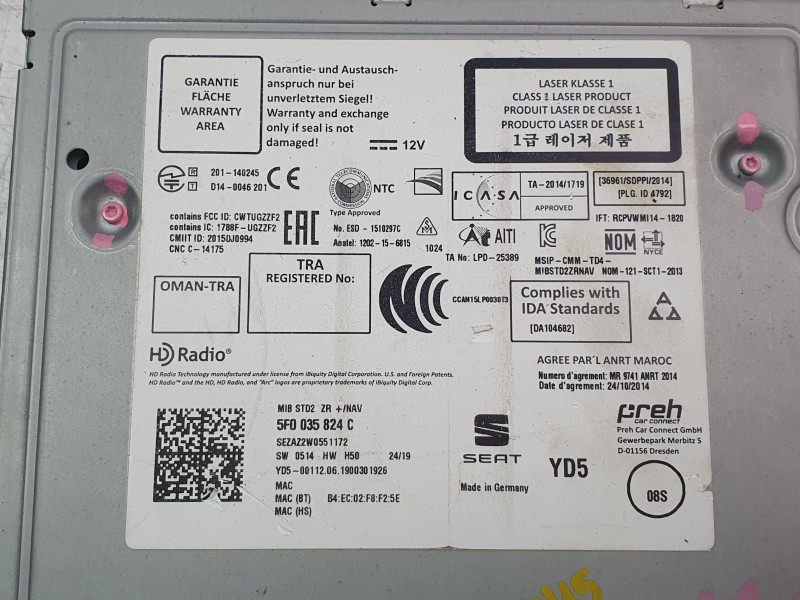 Recambio de sistema audio / radio cd para seat leon (5f1) 1.5 tsi referencia OEM IAM 5F0035824C  