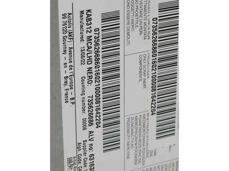 Recambio de kit airbag para fiat 500 c (312_) 1.0 mild hybrid (312.ayd1b) referencia OEM IAM 0000735627594  