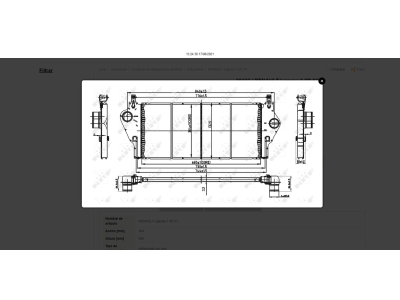 Recambio de intercooler para renault laguna ii (bg0) 1.9 dci diesel cat referencia OEM IAM 8200008761  30432